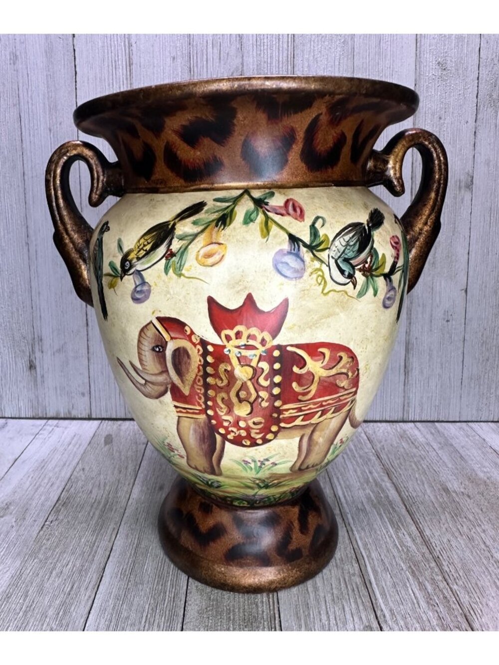 Vtg Amphora Style Urn Vase Two Handle Hand Painted Elephant Home Decor 10" Tall